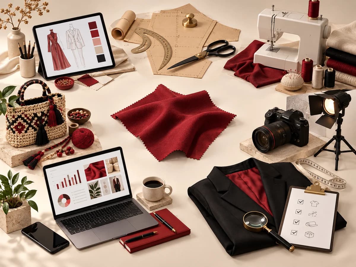 Illustration of fashion design, pattern making, craft, photography, marketing, production and quality tools